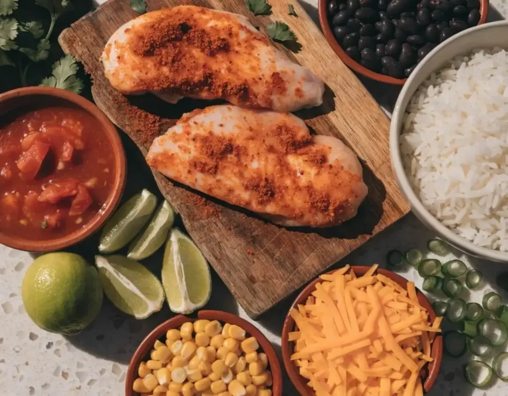 Chicken Bowls with Tacos ingredients on counter