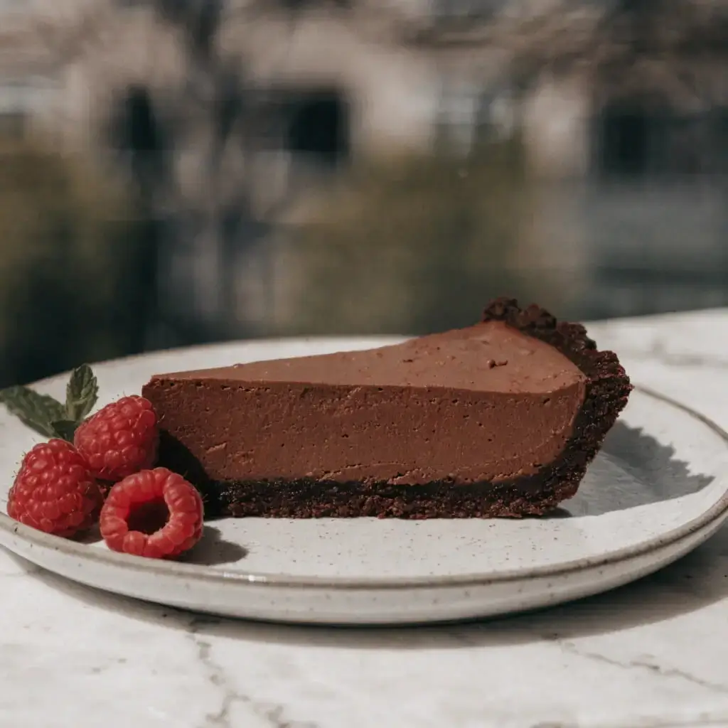 Chocolate Silk Pie Slice with Raspberries
