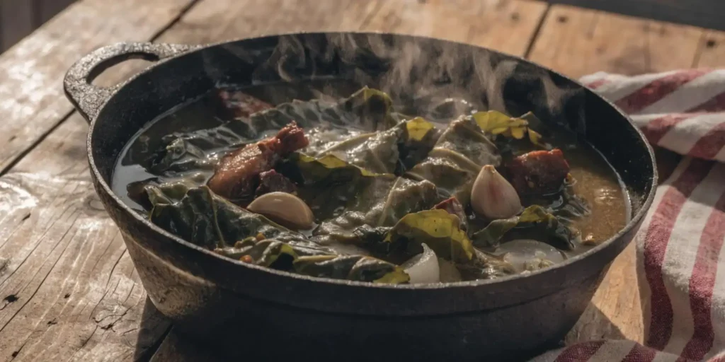 Collard Greens Recipe Southern simmering in cast-iron pot