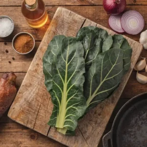 Southern collard greens recipe ingredients laid out on wooden table