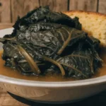 Collard Greens Recipe Southern printed card beside bowl of greens