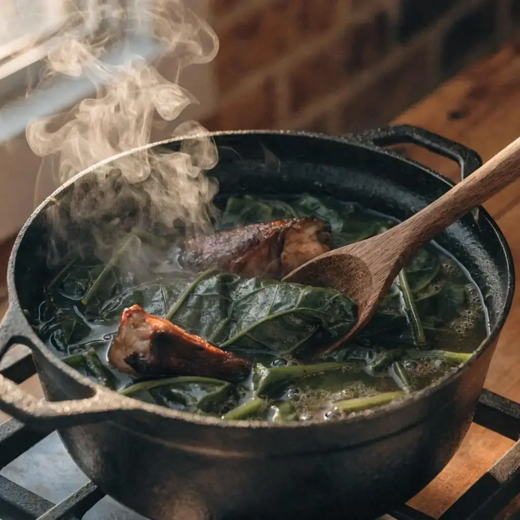 Collard greens simmering with smoked turkey leg in Southern recipe
