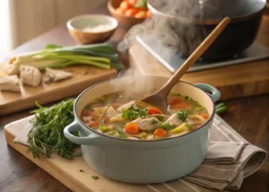 Cooking turkey soup with vegetables