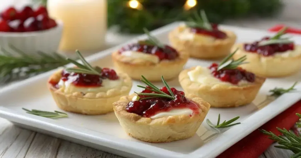 Freshly baked Cranberry Brie Bites on a platter with rosemary garnish