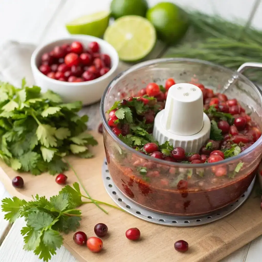 blending fresh cranberries and jalapeños for cranberry salsa