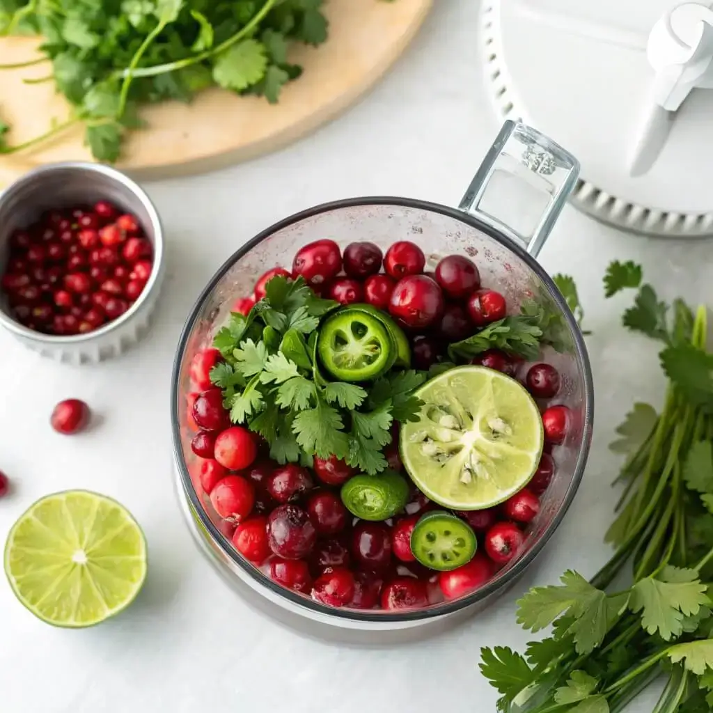 Fresh cranberries, jalapeños, and cilantro in food processor for cranberry salsa
