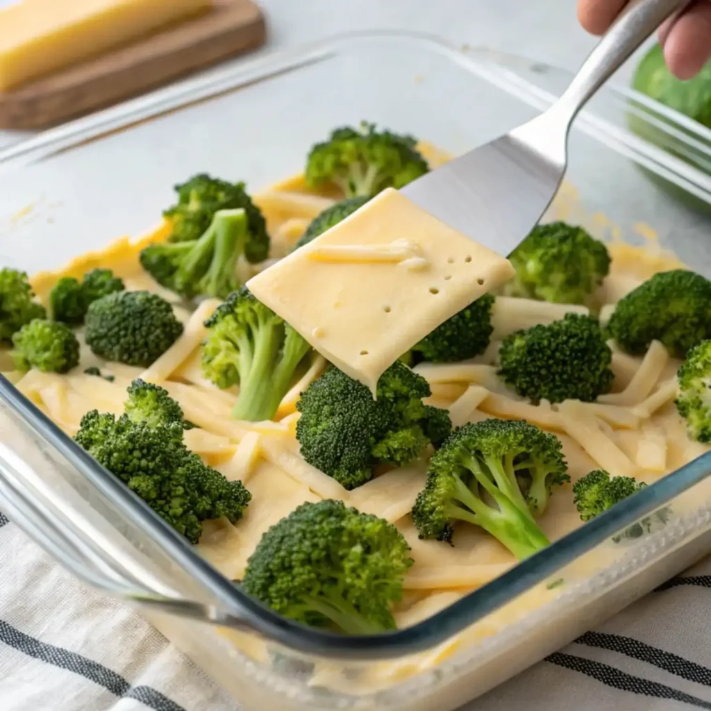 Folding broccoli into cheese mixture