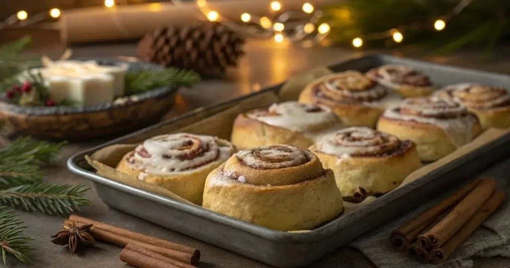 Freshly baked Gingerbread Cinnamon Rolls with cream cheese icing