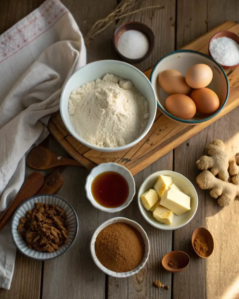 Ingredients for Gingerbread Cinnamon Rolls on a rustic table