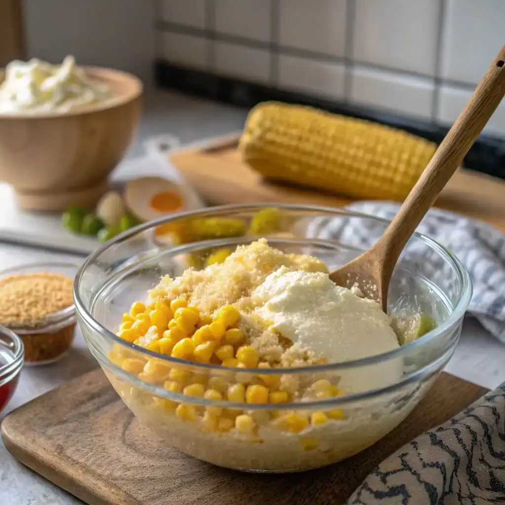 Mixing ingredients for crockpot corn casserole