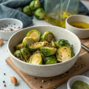 preparing brussel sprout recipe tossing with olive oil