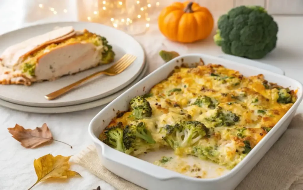 Serving of broccoli cheese casserole beside Thanksgiving turkey