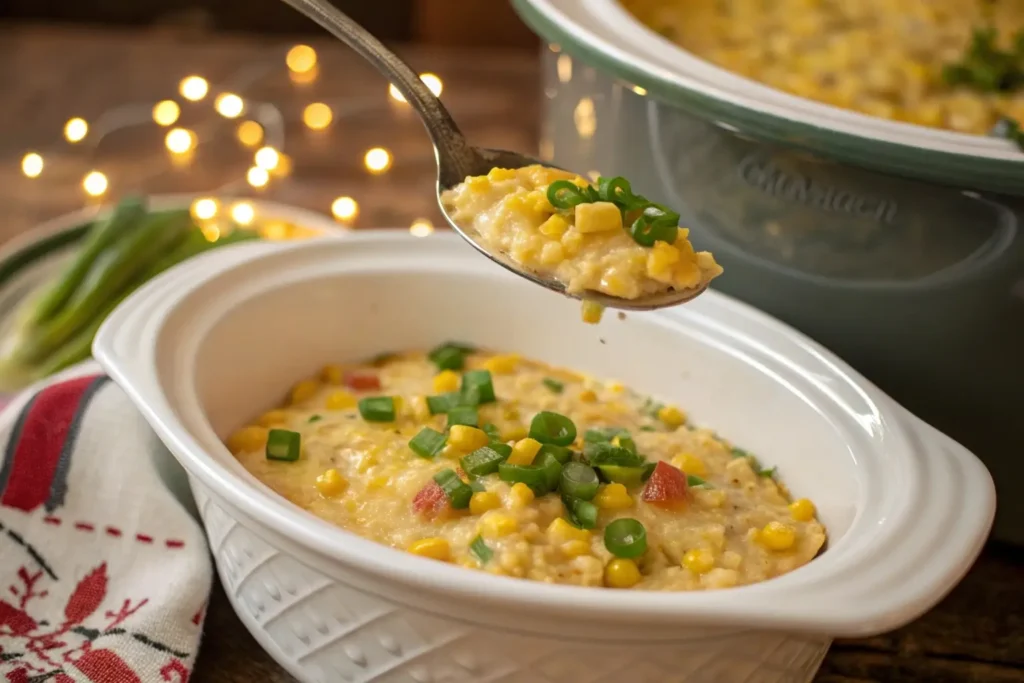 Serving crockpot corn casserole with green onions