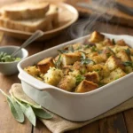 Homemade stuffing recipe baked with herbs and butter