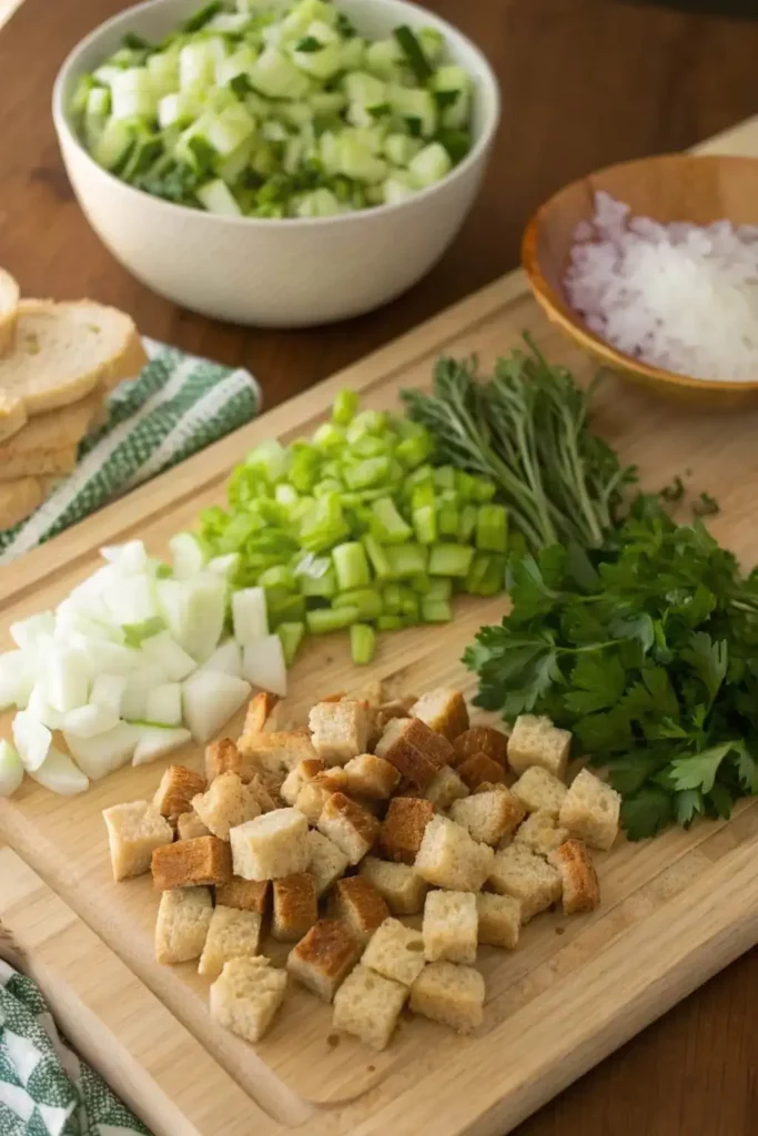 Ingredients for homemade stuffing recipe with herbs and bread cubes