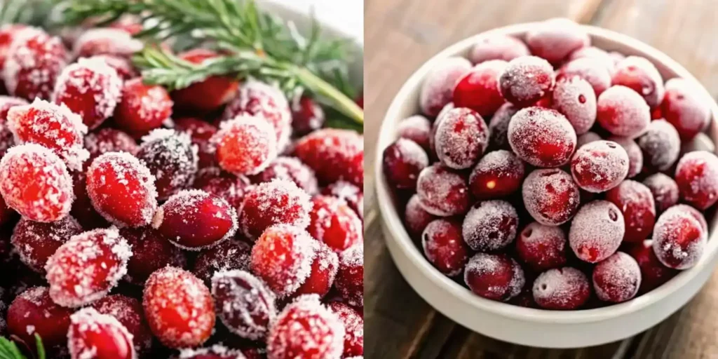 Two bowls of sugared cranberries side by side with holiday greenery