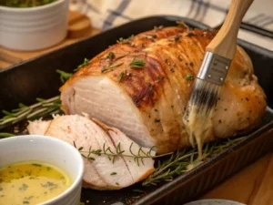 Turkey breast brushed with butter and herbs before roasting