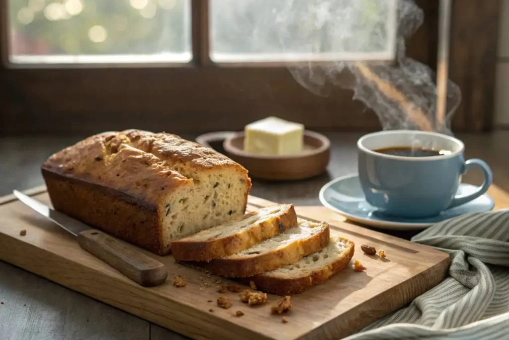 Freshly baked loaf of cottage cheese banana bread sliced and served with butter and coffee.