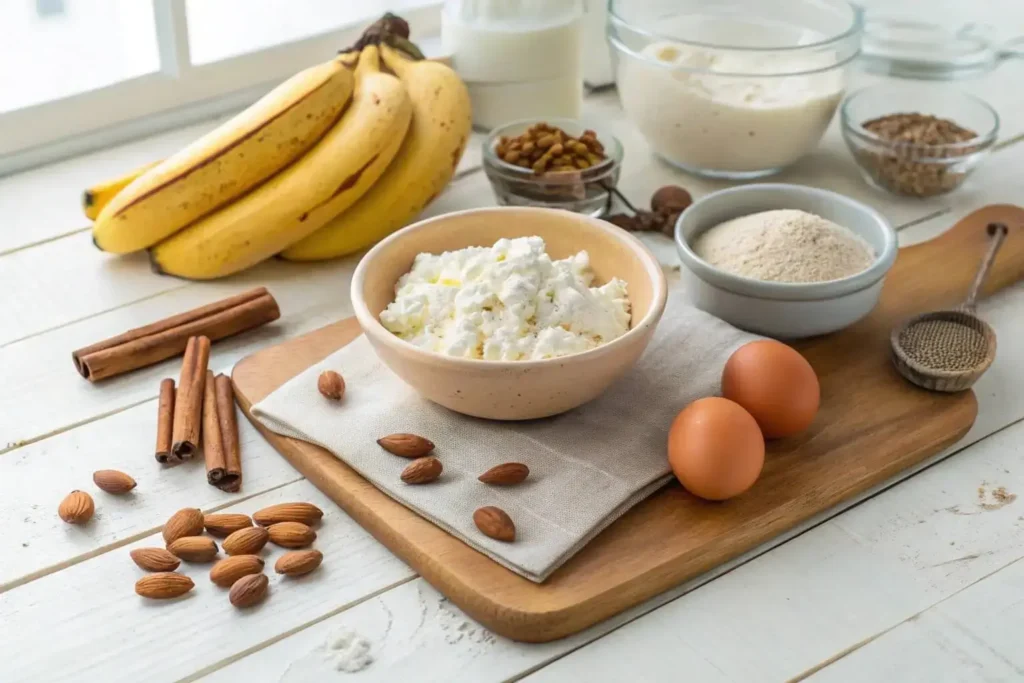 Overhead shot of bananas, cottage cheese, eggs, and almond flour for cottage cheese banana bread recipe.