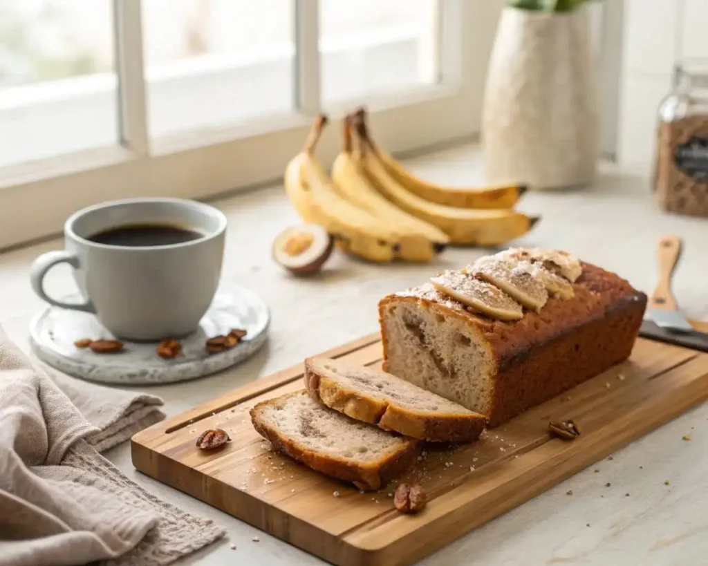 Sliced high protein banana bread served with coffee, soft and moist texture.