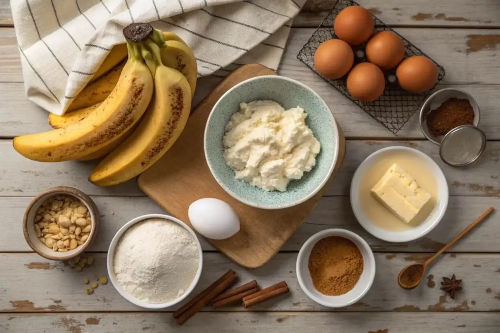 High protein banana bread ingredients with Greek yogurt, cottage cheese, and bananas.