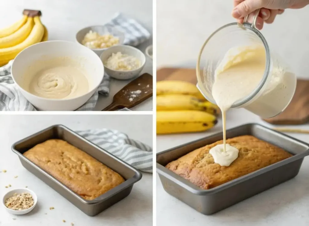 Step-by-step process of making high protein banana bread without protein powder.