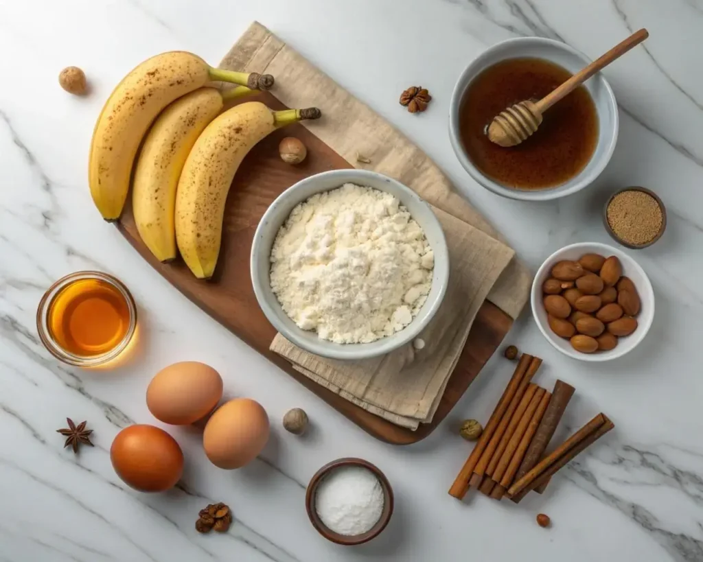 Ingredients for High-Protein Cottage Cheese Banana Bread including bananas, cottage cheese, and almond flour