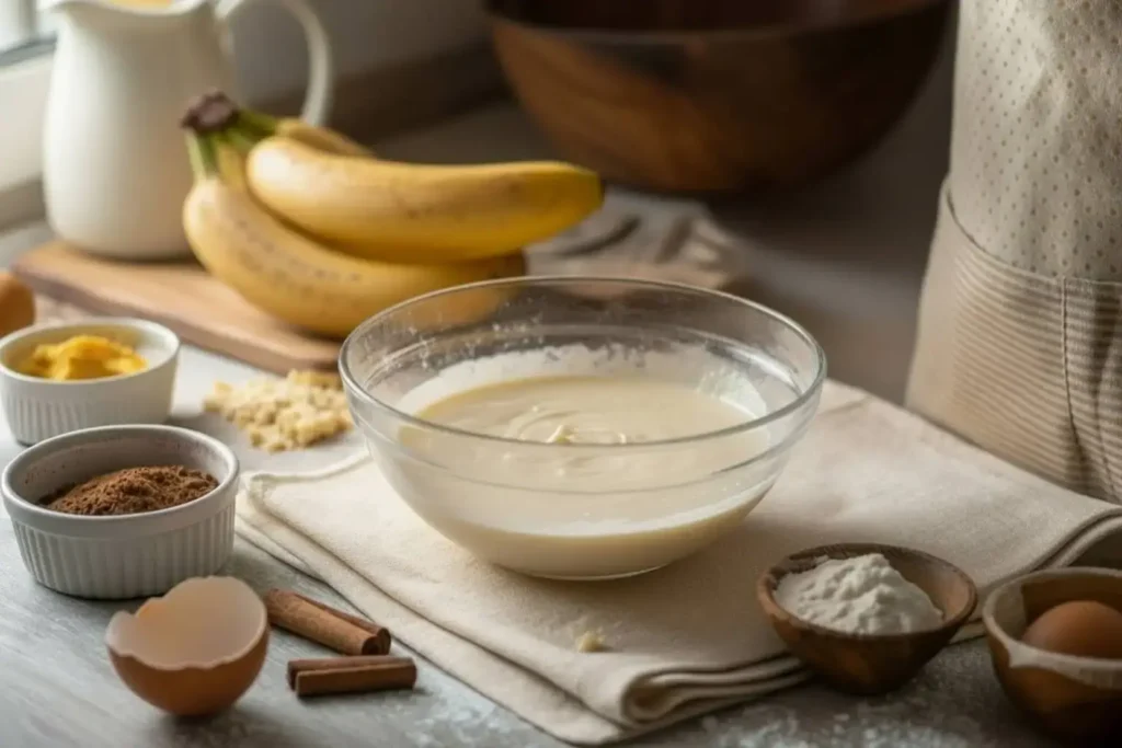 Mixing banana bread batter with cottage cheese and bananas in a bowl, showing smooth texture.