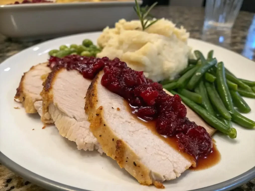 Sliced turkey breast with cranberry sauce and sides