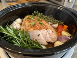 Turkey breast cooking in crockpot with herbs and stock