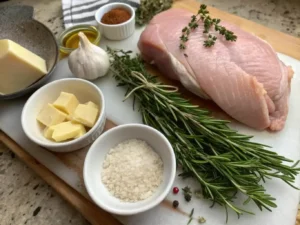 Ingredients for turkey breast recipe on wooden table