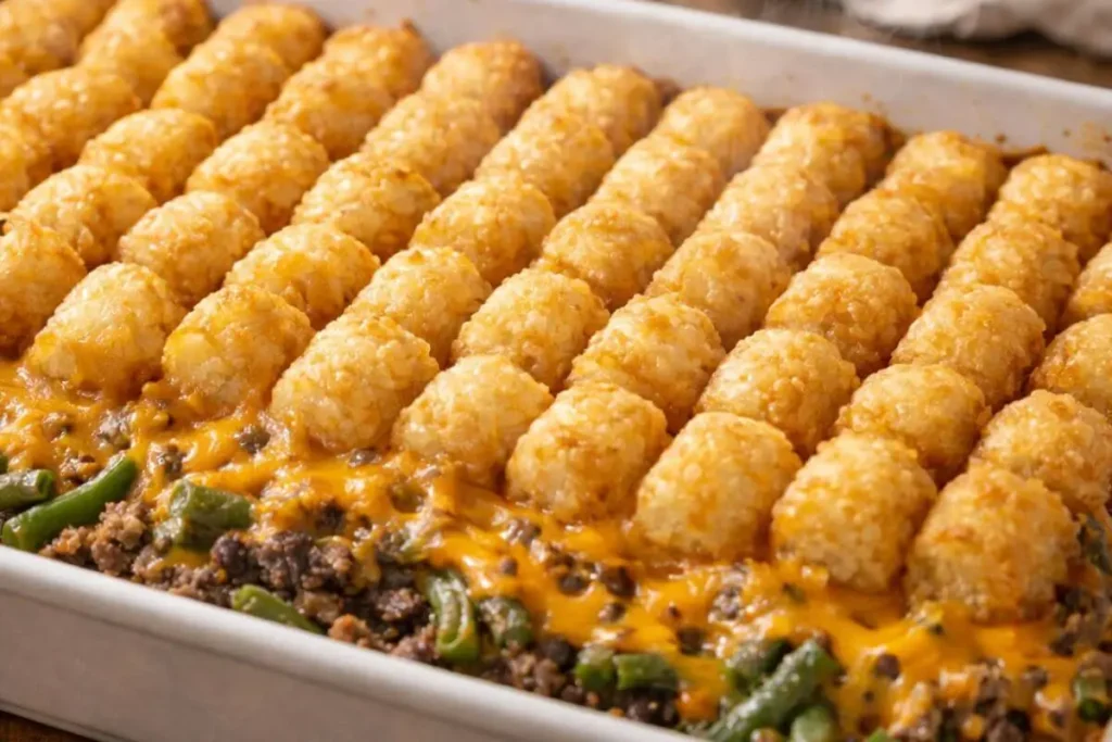 Tater Tot Casserole baked with cheese and crispy tots