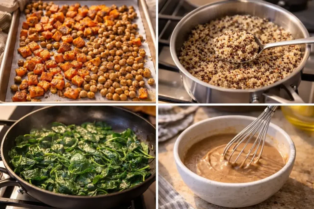 Step-by-step cooking process for Quinoa Sweet Potato Bowls