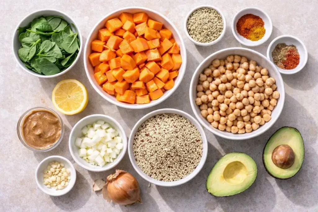 Quinoa Sweet Potato Bowls ingredients including sweet potatoes, quinoa, chickpeas, and spinach