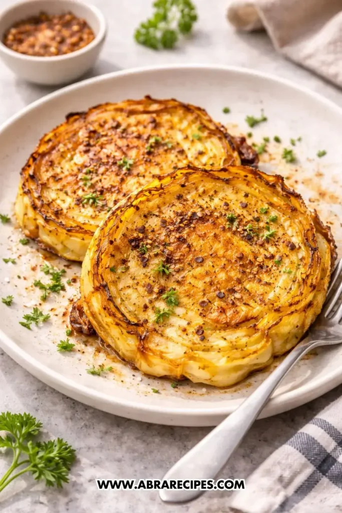 Crispy roasted cabbage steaks served on a plate