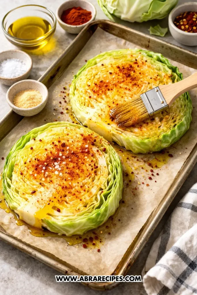 Seasoning cabbage steaks before roasting in the oven