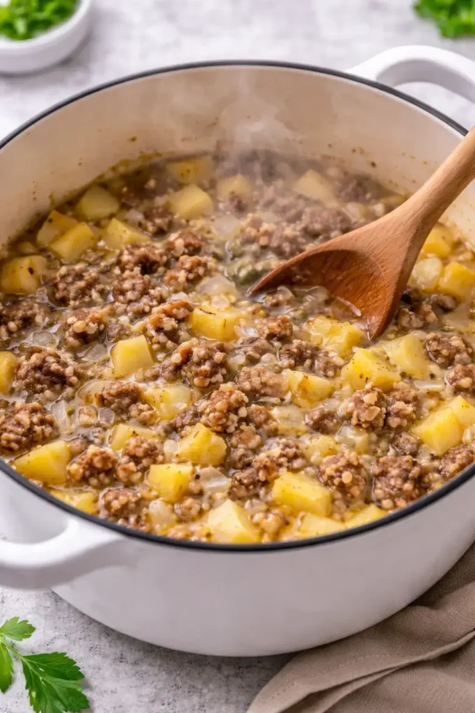 Cooking sausage kale and potato soup with sausage browning and potatoes simmering