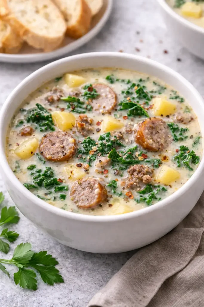 Creamy sausage kale and potato soup served in a bowl
