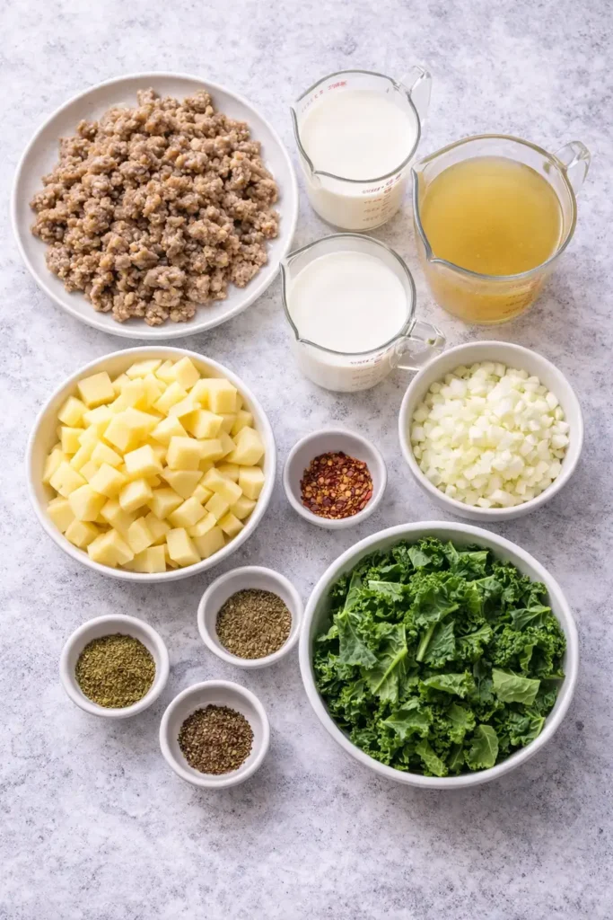 Sausage kale and potato soup ingredients with chicken sausage, potatoes, and fresh kale