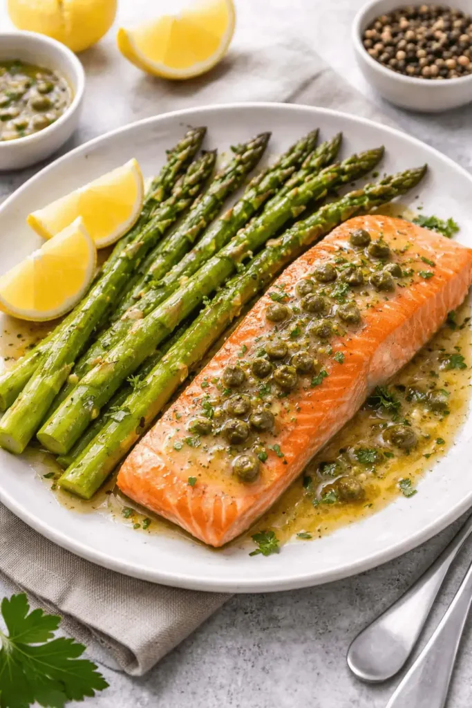 Sheet Pan Salmon with Asparagus served for dinner