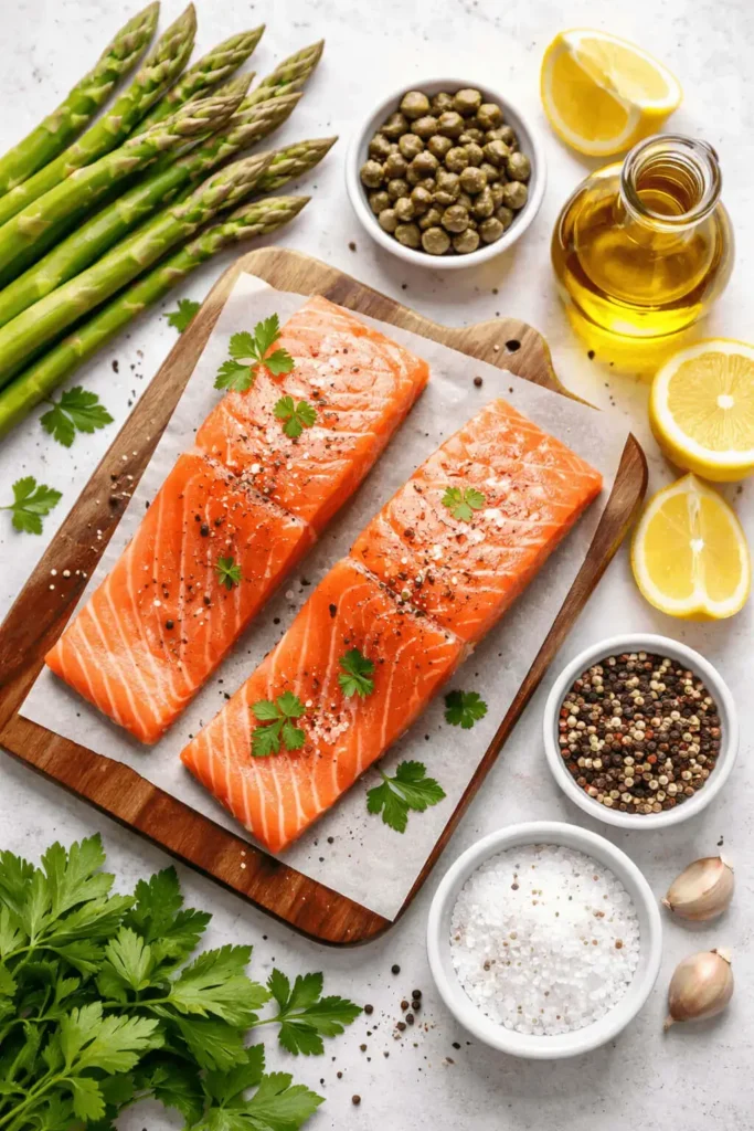 Sheet Pan Salmon with Asparagus ingredients on a countertop