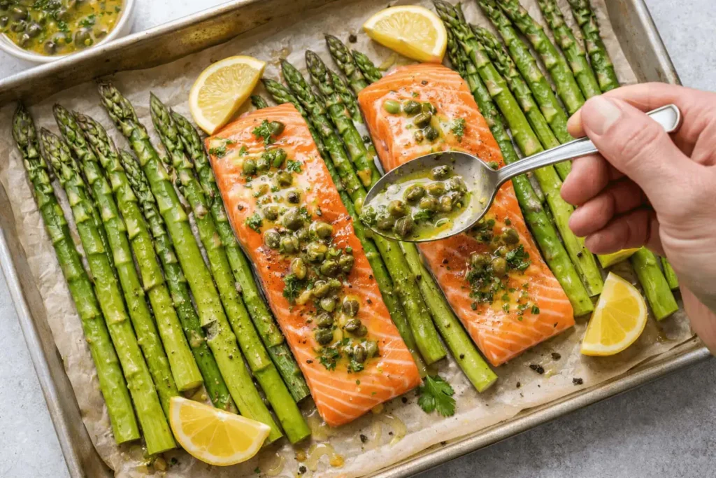Preparing Sheet Pan Salmon with Asparagus on a baking sheet