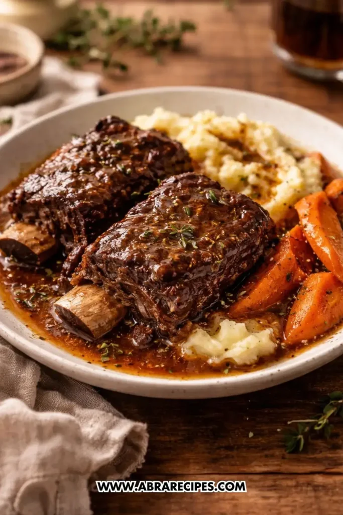 Slow Cooker Short Ribs served with carrots and mashed potatoes