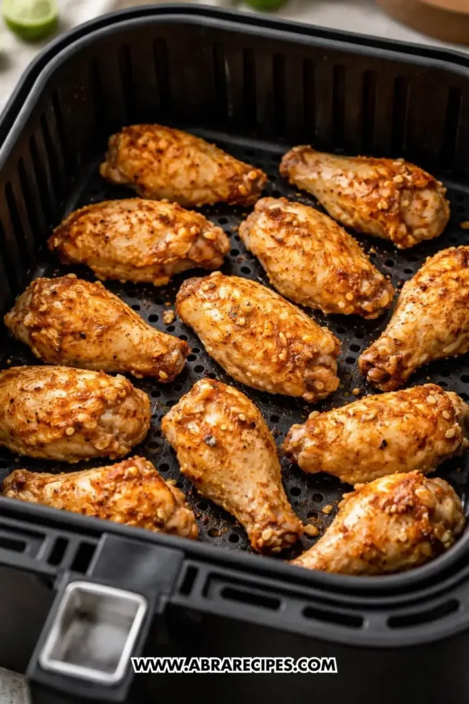 Chicken wings cooking in air fryer basket with spacing for crispy texture