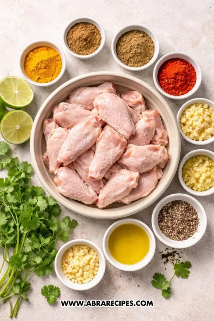 Air fryer wings ingredients with chicken wings, spices, garlic, ginger, and lime
