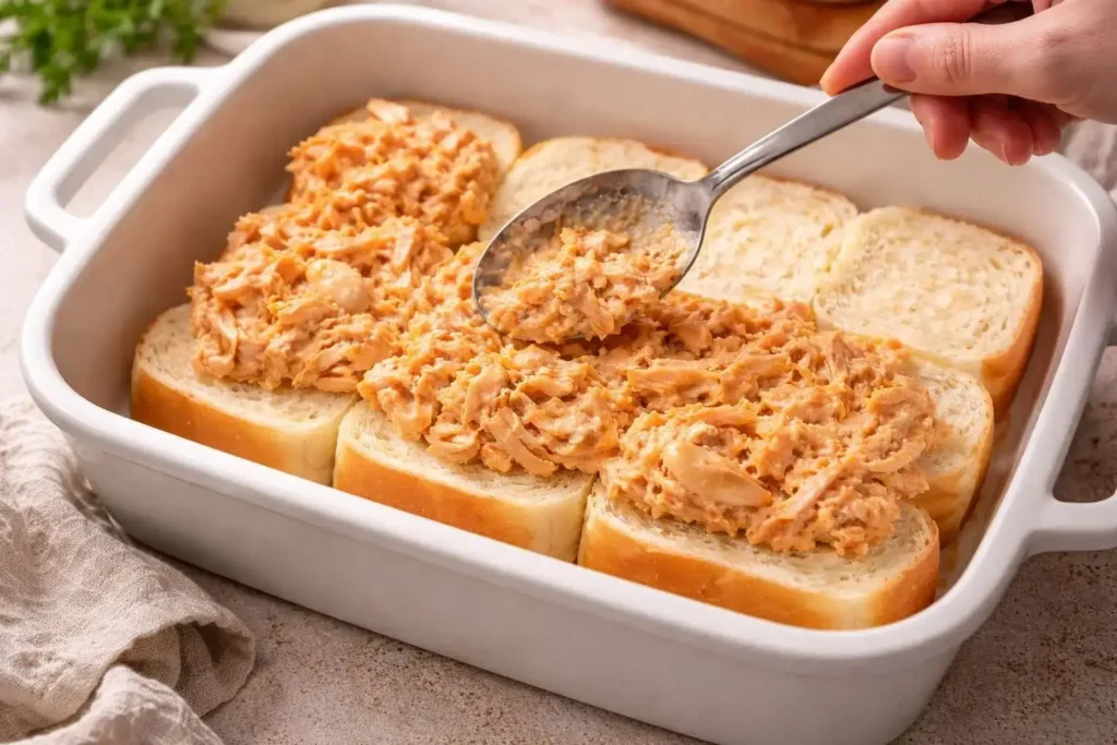 Assembling Buffalo Chicken Sliders before baking