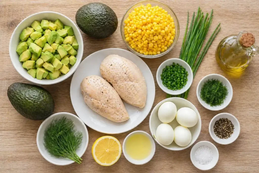 Ingredients for avocado chicken salad arranged on a wooden kitchen surface