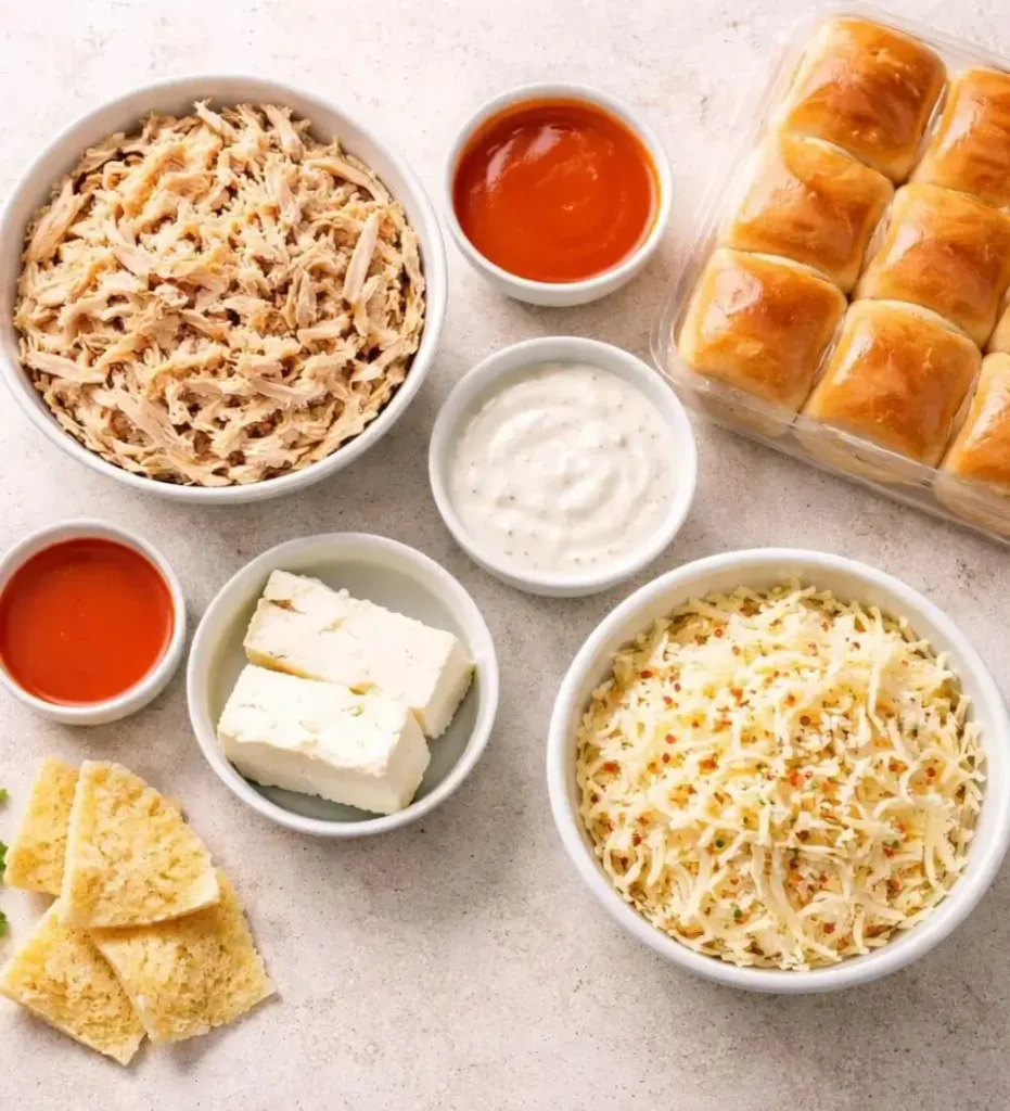 Buffalo Chicken Sliders ingredients laid out on kitchen counter