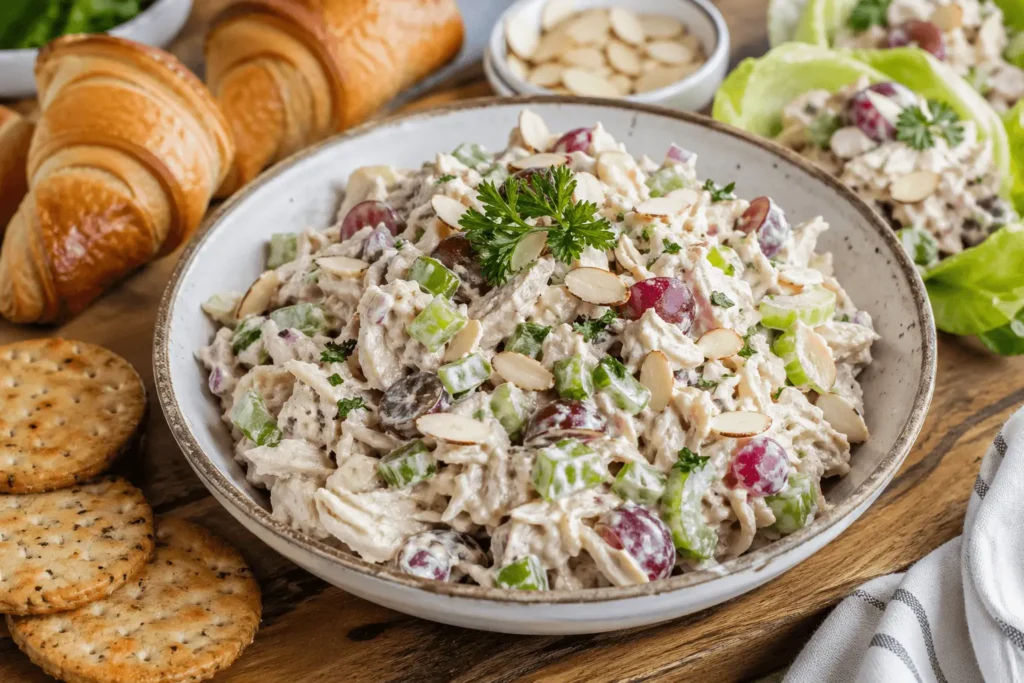 Creamy canned chicken salad recipe served with croissants and crackers
