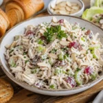 Creamy canned chicken salad recipe served with croissants and crackers